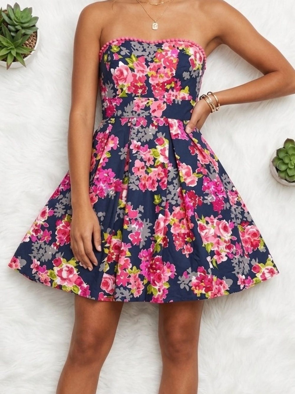 Strapless Floral Dress Pleated Skirt Trim Detail Navy Pink Size 3