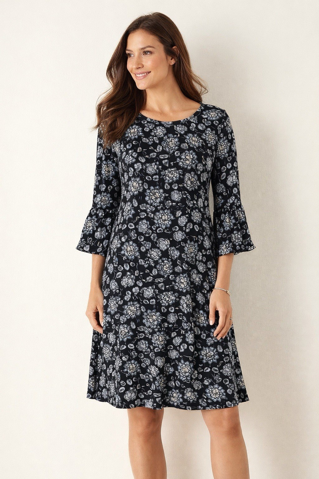 J. Jill Print A-line Jersey Dress Large Floral Bell Sleeve Ruffle Cuff NEW