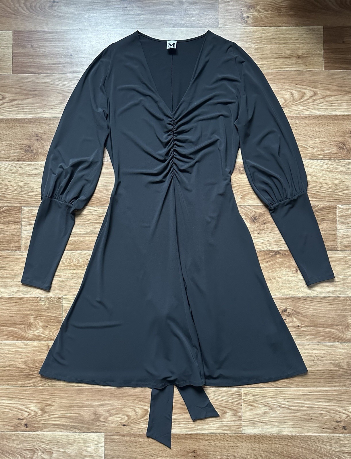 M Missoni Vintage Black Ruched V-Neck Mini Dress Long Sleeve Italy IT 48 XL