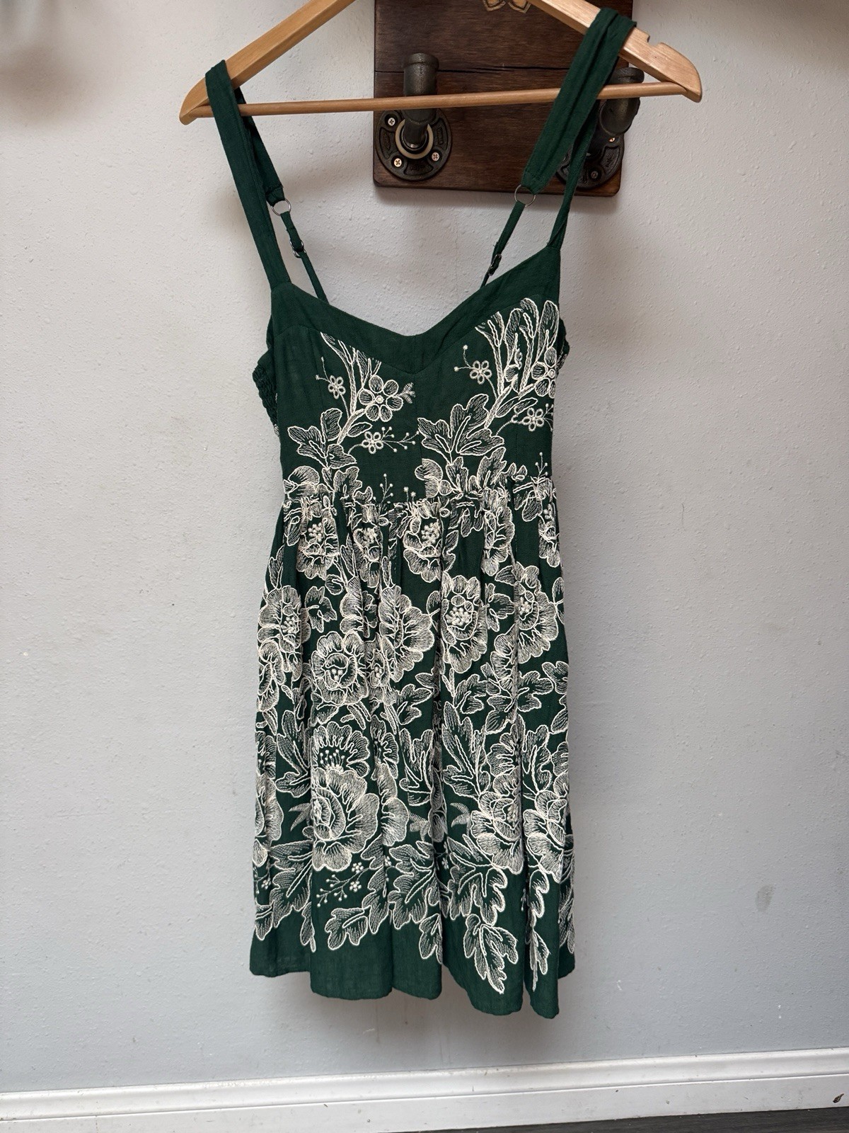 Maaji Mini Dress Green with Ivory Embroidered Flowers Smocked Back Straps M NEW