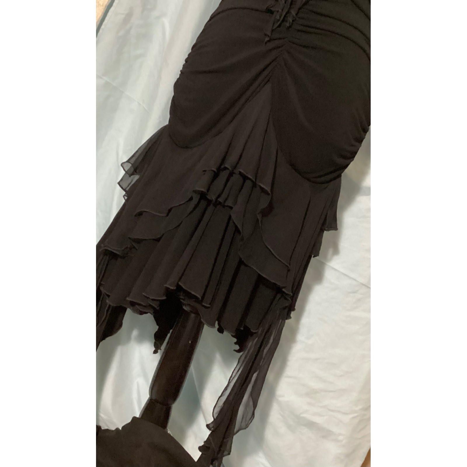 Black Bebe Ruffle Halter Tiered Asymmetrical Ruched Evening Dress Womens Large