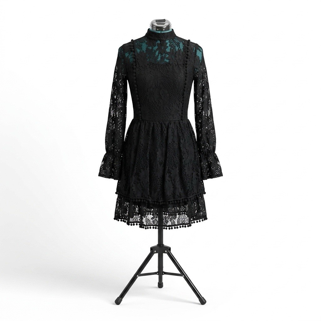 EillyBazar Women’s S Black Floral Lace High Neck Bell Sleeve A-Line Short Dress