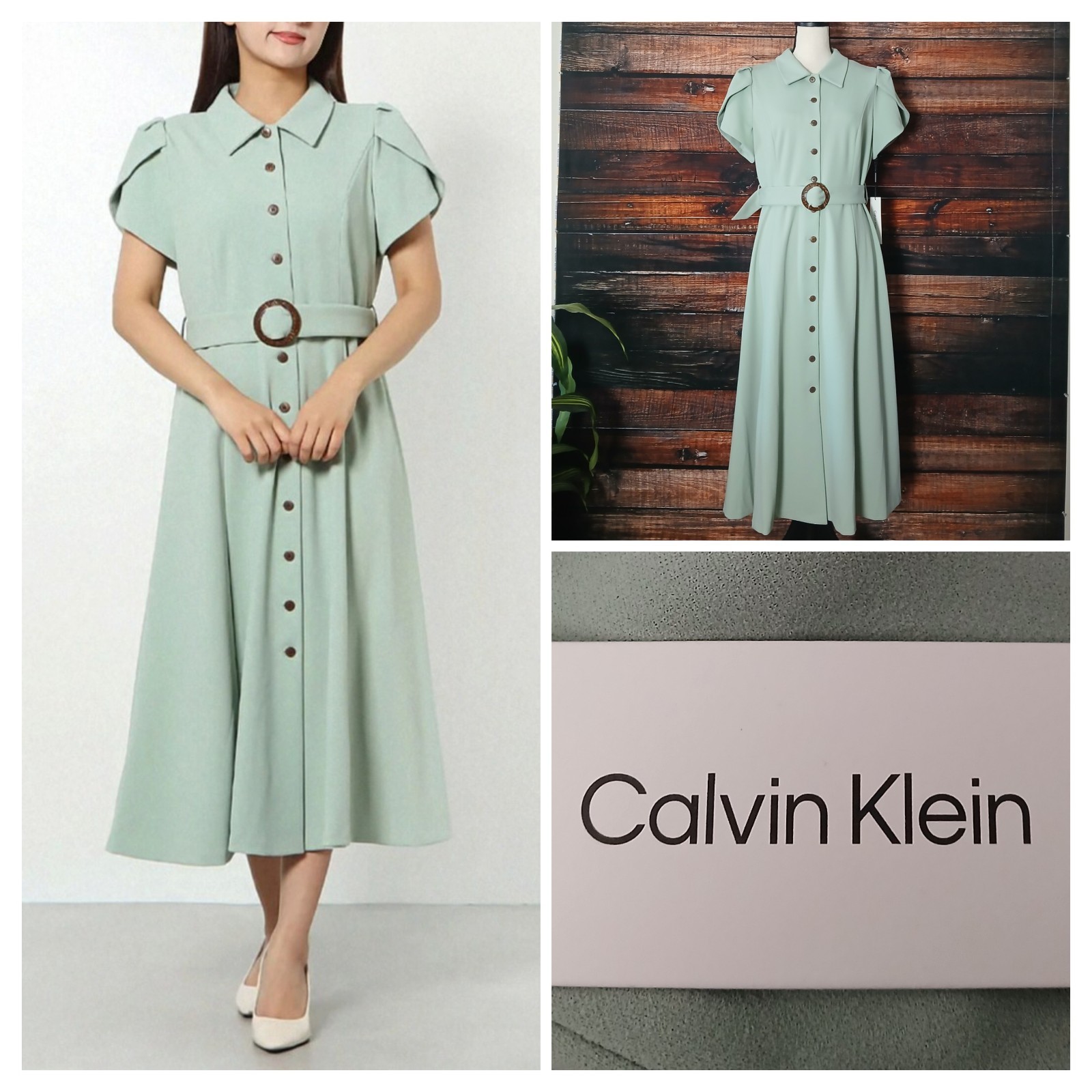 Calvin Klein Midi Dress 12 Tulip Sleeve Belted Mint Green Button Front Retro