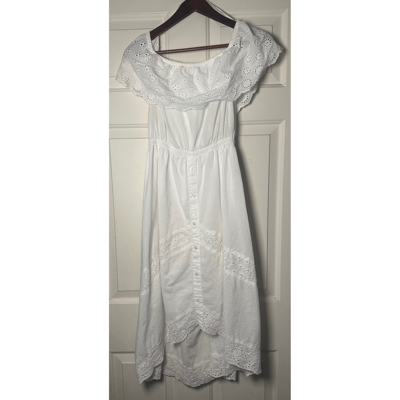 J Gee Eyelet Embroidered Ruffle Peasant Midi Dress Size XL White Forest Fairy