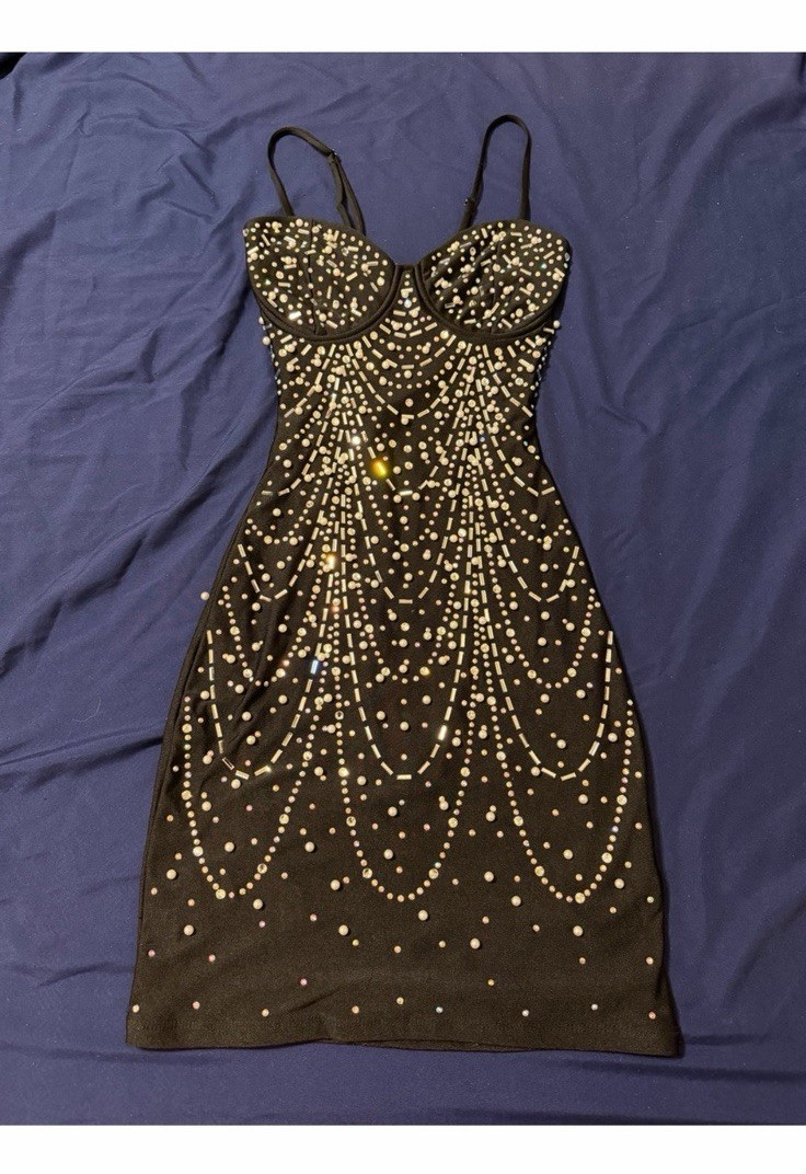Windsor Black Beaded Rhinestone Bodycon Mini Dress XS Sweetheart Strappy