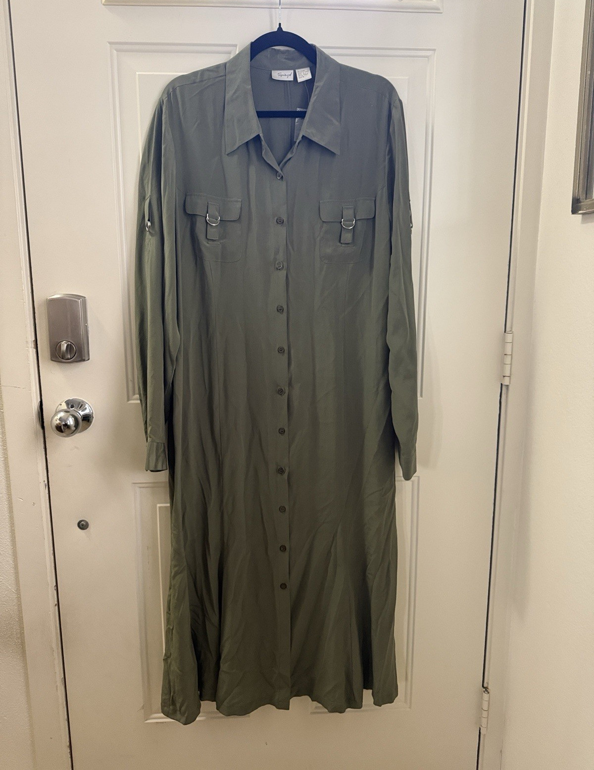 Spiegel Green Silk Solid Collared Button-Front Shirt Dress Long Sleeve Midi 16