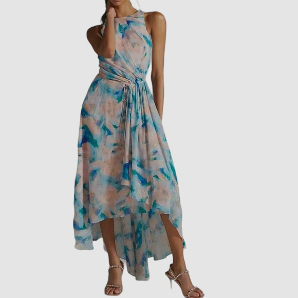 $626 Shoshanna Women’s Blue Macie Brushstroke-Print High Low Gown Dress Size 6