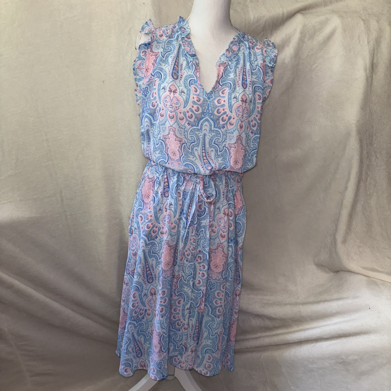 NWT Talbots Womens Dress Blue Pink Sleeveless V-Neck Ruffle Trim Babydoll 14WP