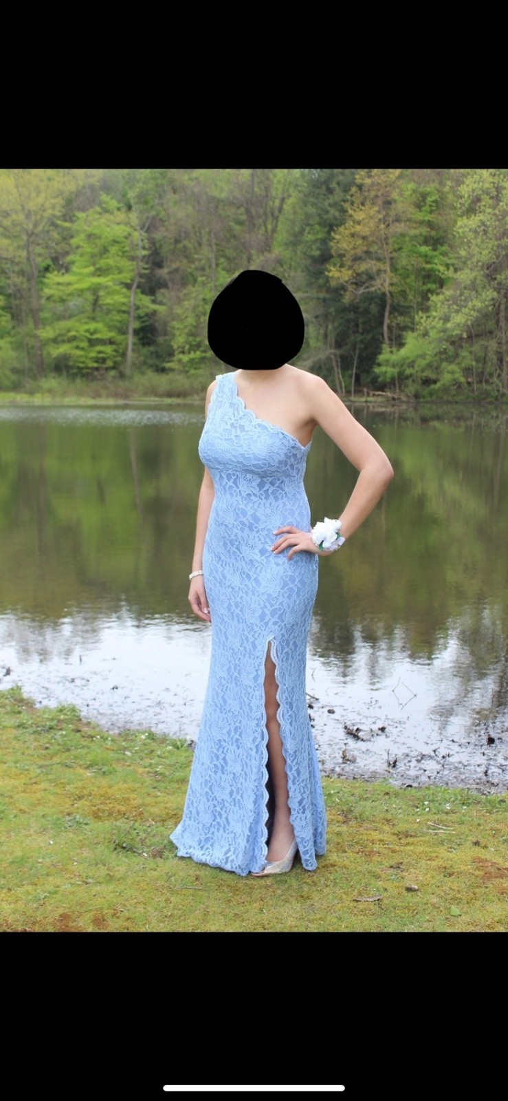 Morgan & Co. Size 11 Periwinkle Lace One Shoulder Formal Prom Maxi Gown