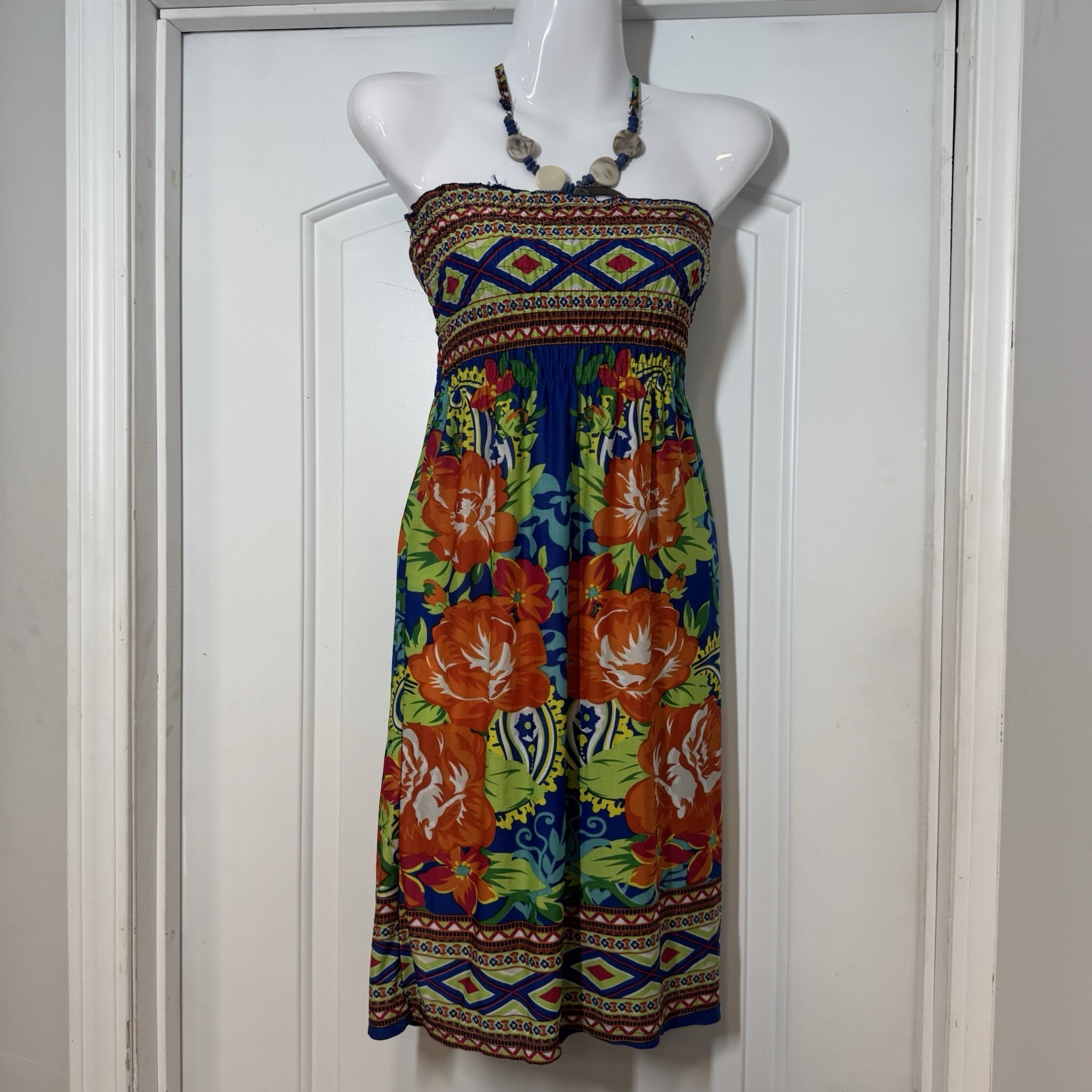 India Boutique Floral Tube Dress Womens One Size Beaded Halter Boho Tropical