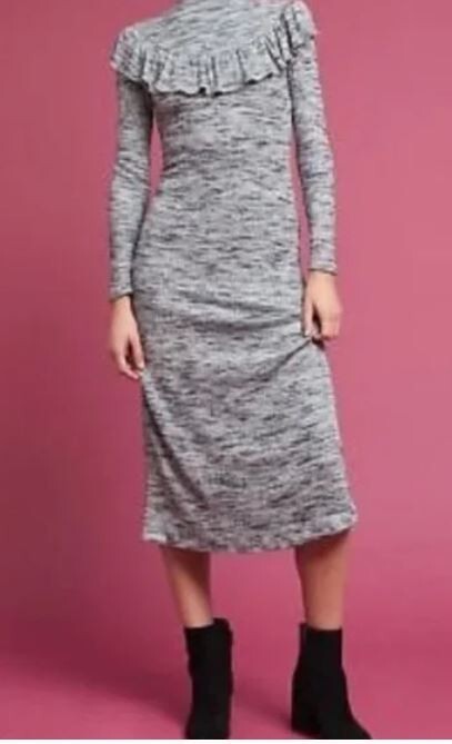 Anthropologie Eri+Ali S NWT Gray Knit Ruffle Marled Midi Dress Lined Long Sleeve