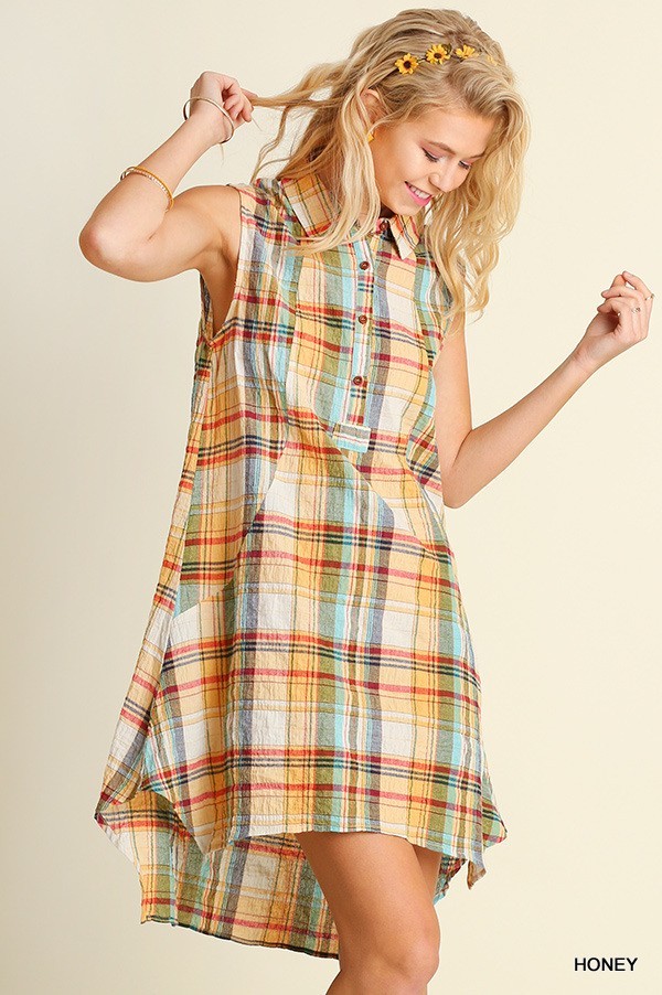 Umgee USA Plaid Button Up Sleeveless Dress High Low Flowy Collared Shirtdress