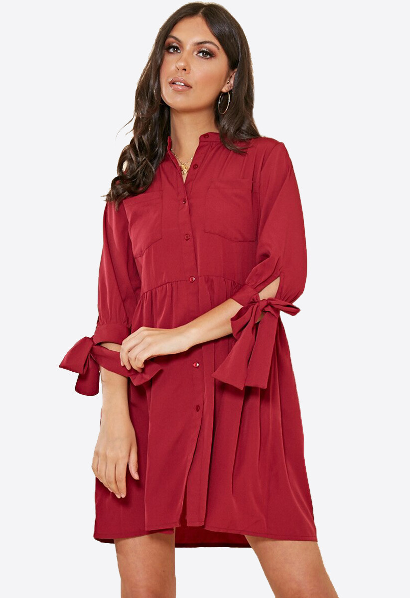 Womens Plain Burgundy Colour Grandad Collar Smock Style Casual Mini Shirt Dress
