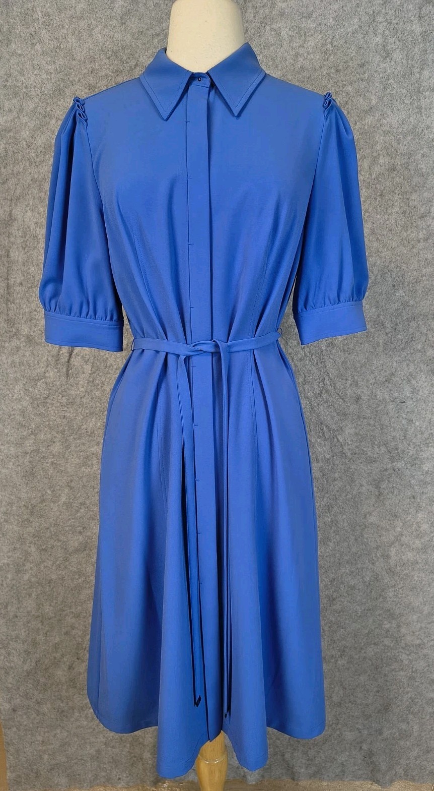 Elie Tahari Shift Dress Women 10 Hidden Buttons Tie Waist Blue Retail $348. NWT