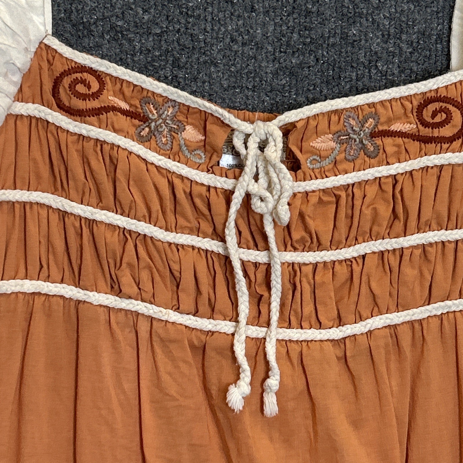 Lulumari Mandarin Orange Women’s Embroidered Midi dress Boho Chic Beach EUC