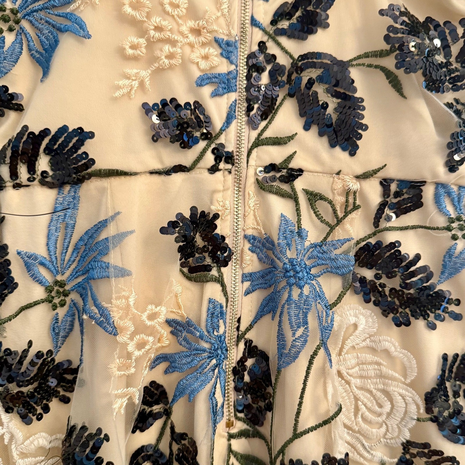 Lulus Embroidered Tulle Midi Dress S Beige Blue Black Floral Sequin Ruffle Strap