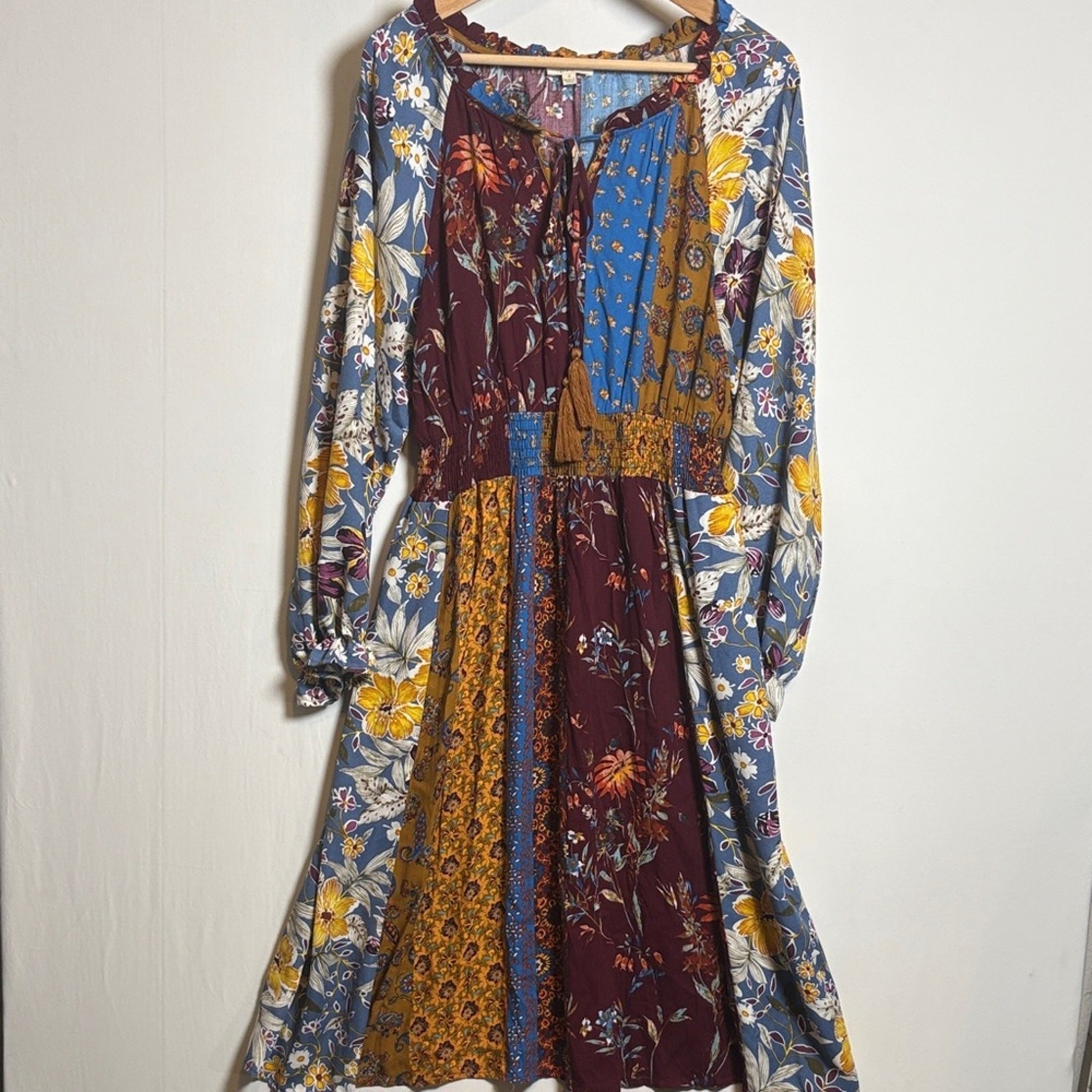 ODDY Bohemian Patchwork Peasant Mix Print Dress size medium