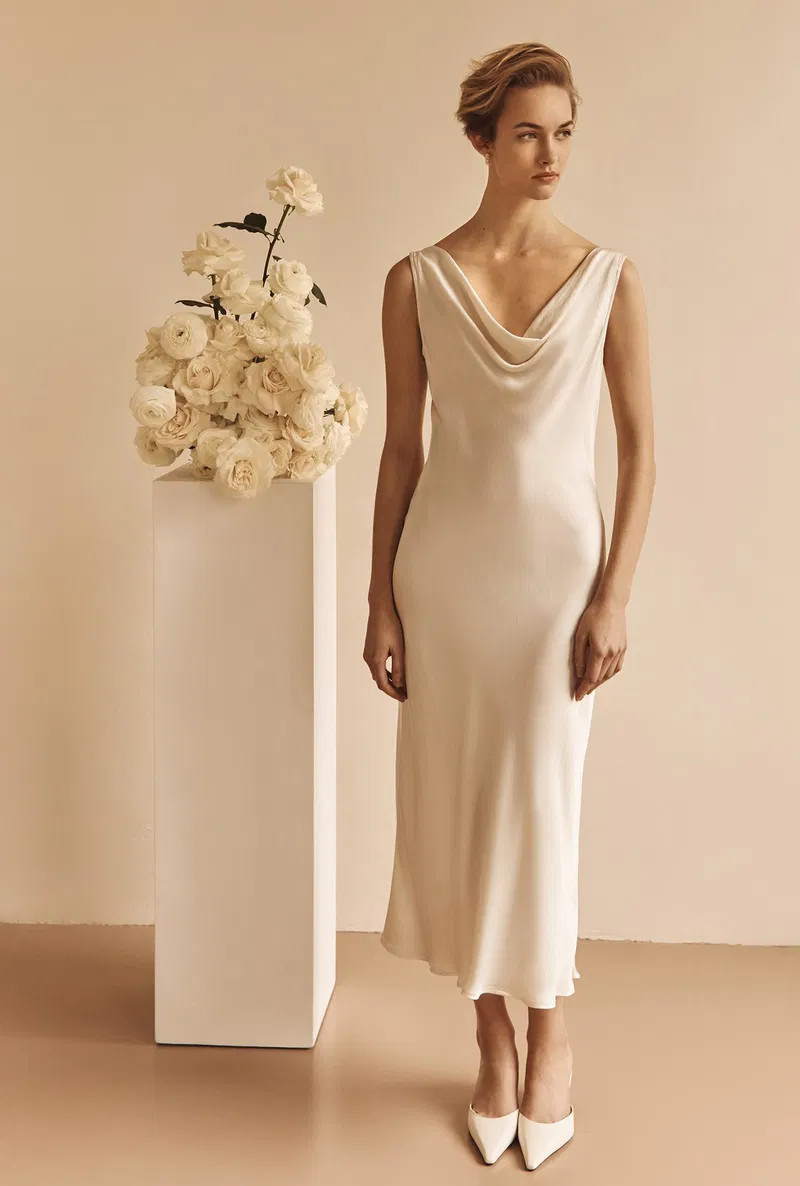 Ghost London Olive Dress Womens XS Ivory Satin Cowl Neck Slip Maxi Wedding Bride