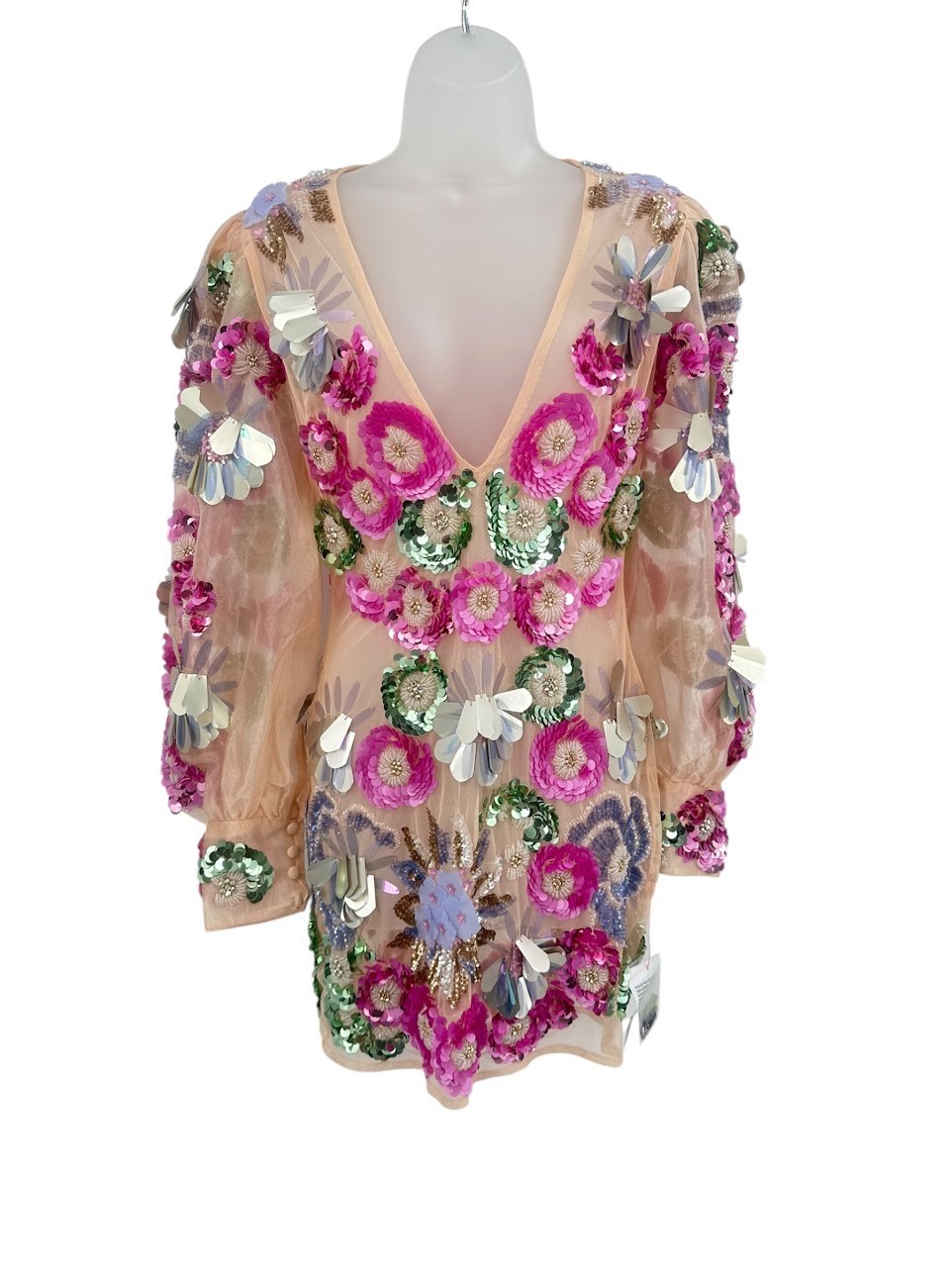 ASOS LUXE Sheer Mesh Mini Dress Plunge Sequin 3D Floral Embellished Size 4 Party