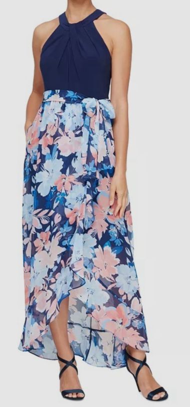 SLNY Women’s Blue Twist-Neck Floral-Skirt Maxi Dress Size 14