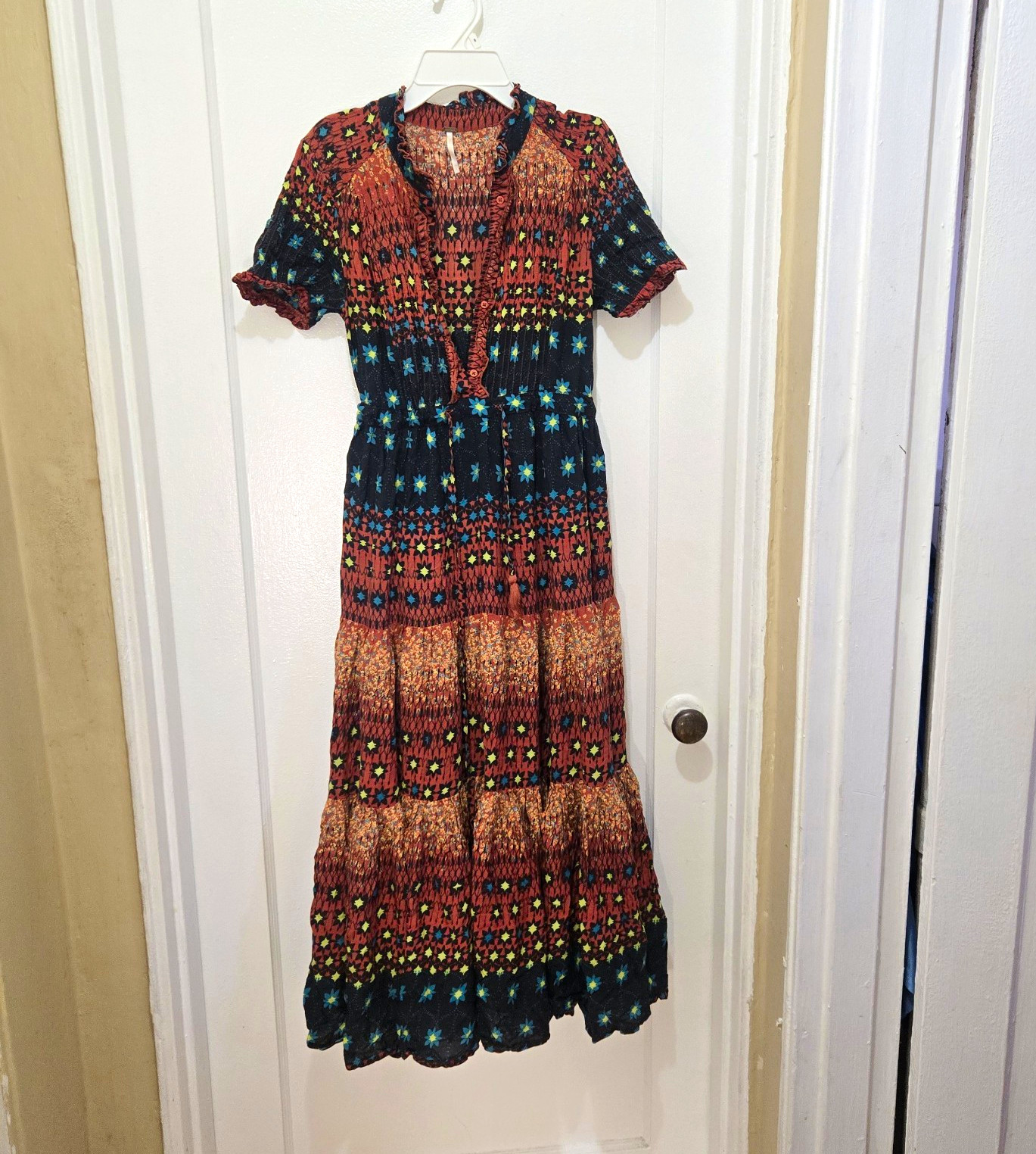 Free People Brown Black Floral V-Neck Button Midi Dress Ruffle Lined Size XS