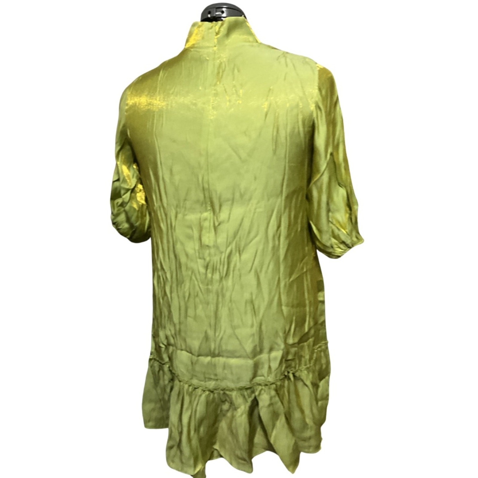 Lime Green Metallic Sheen V-Neck Ruffle Mini Dress NWT Oversized AOMEI Sz L/XL