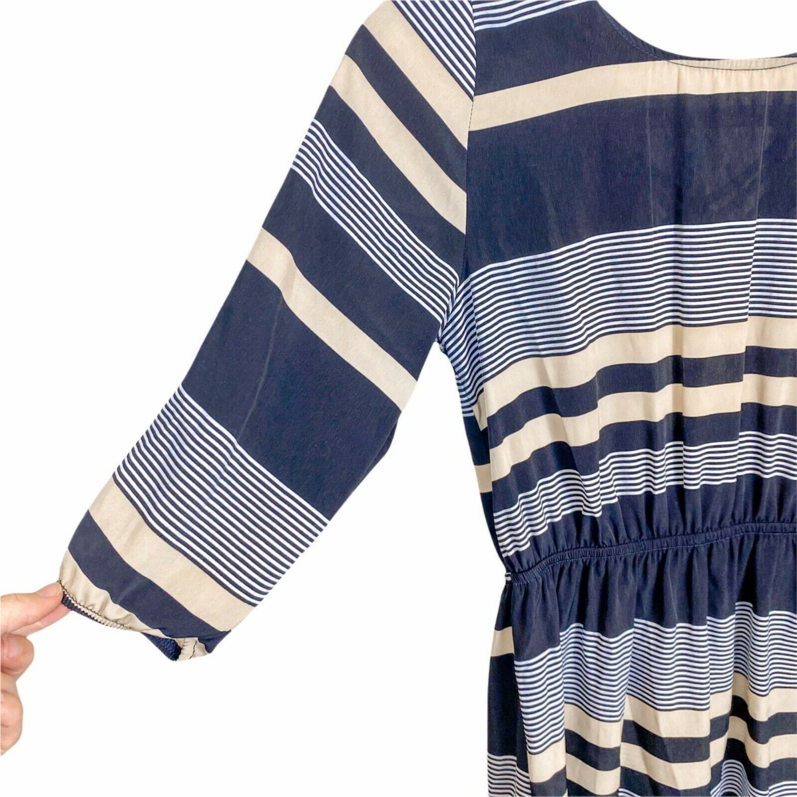 Needle & Thread Navy Gold Striped Fit and Flare Above Knee Dress Size Small