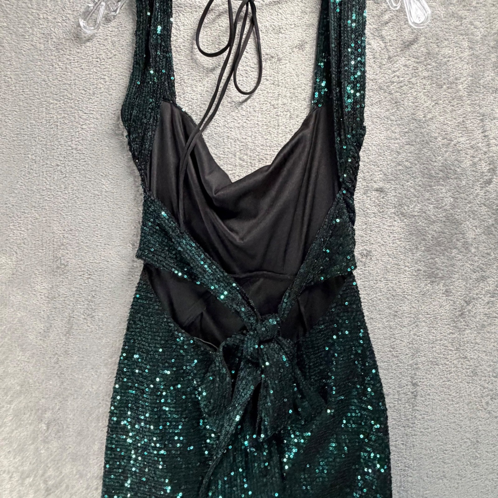 Lucy In The Sky Emerald Sequin Mini Dress XS Open Back Cowl Party Vegas Glam
