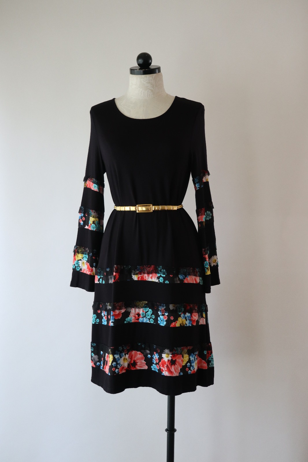 Desigual Black Jersey Colorful Floral Stripes Lace Ruffles Tshirt Dress Women L