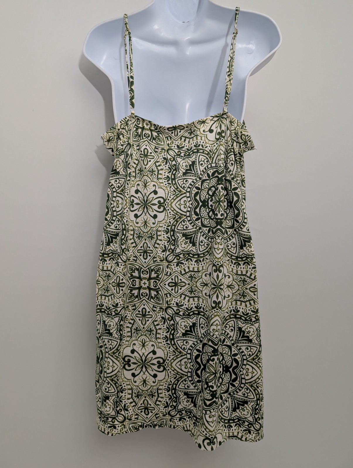 Primark Green Patterned Dress Size L Uk 14/16 32in 95% Polyester 5% Elastane