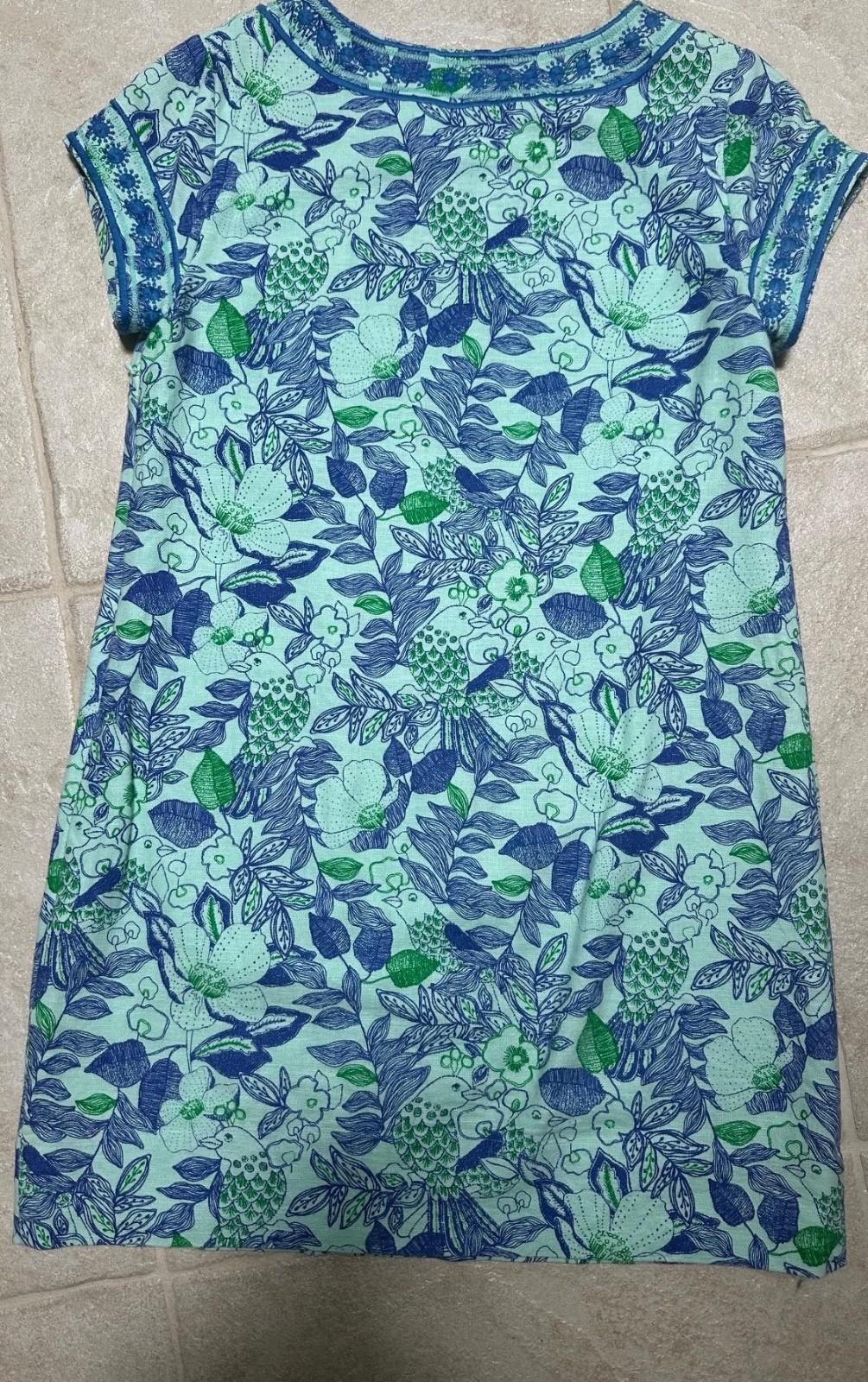 Vineyard Vines Blue Linen Cotton Cordia Floral Bird Embroidered Tunic Dress Sz 4