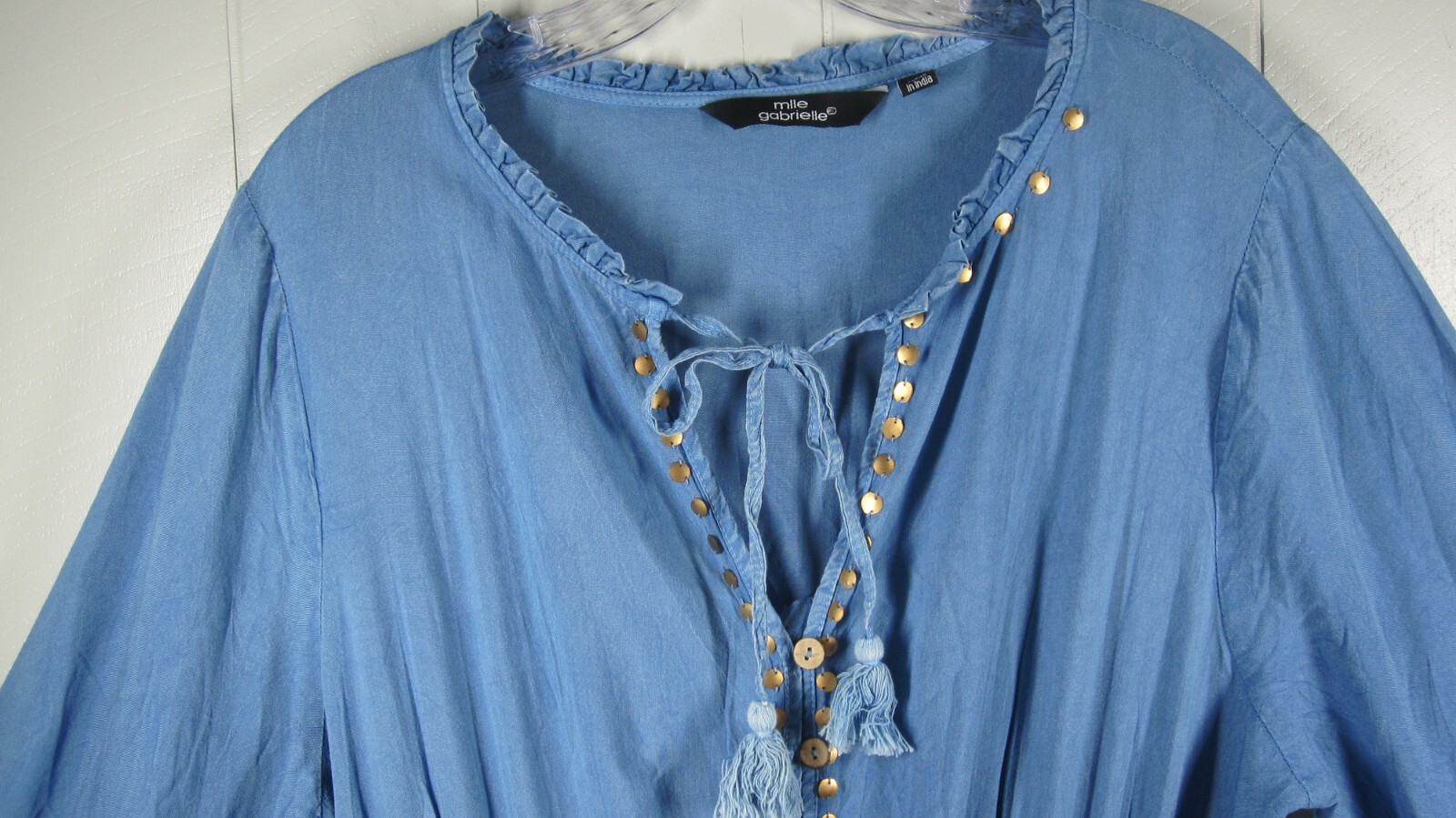 Mile Gabrielle Dress Womens 1X Chambray Maxi Tiered Studded Tassels Western Boho