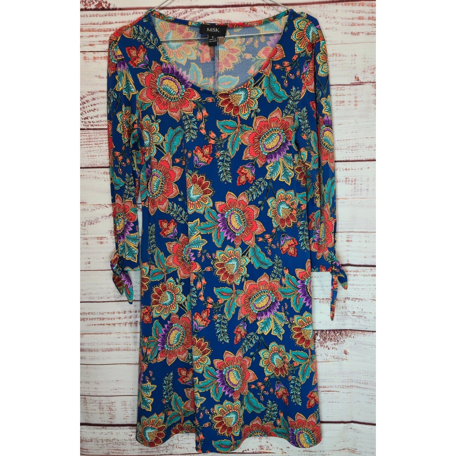 MSK Women’s Vibrant Floral Print Long Sleeve Tie Cuff Dress Size Small
