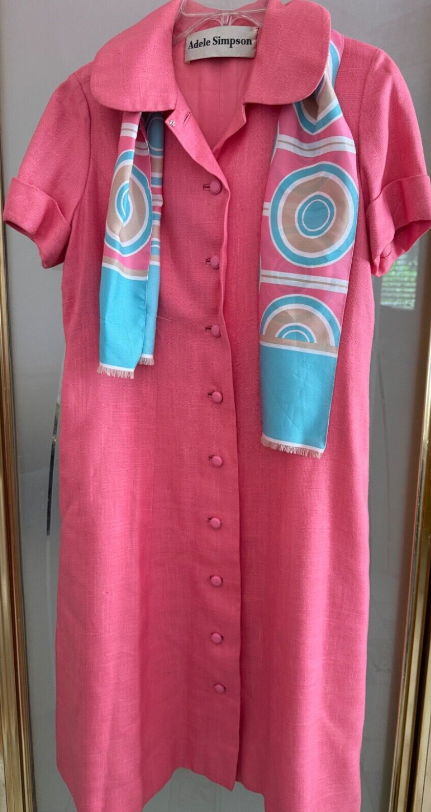 ADELE SIMPSON SIZE Medium/LG Pink With Multi Scarf Covered Button Down Collared