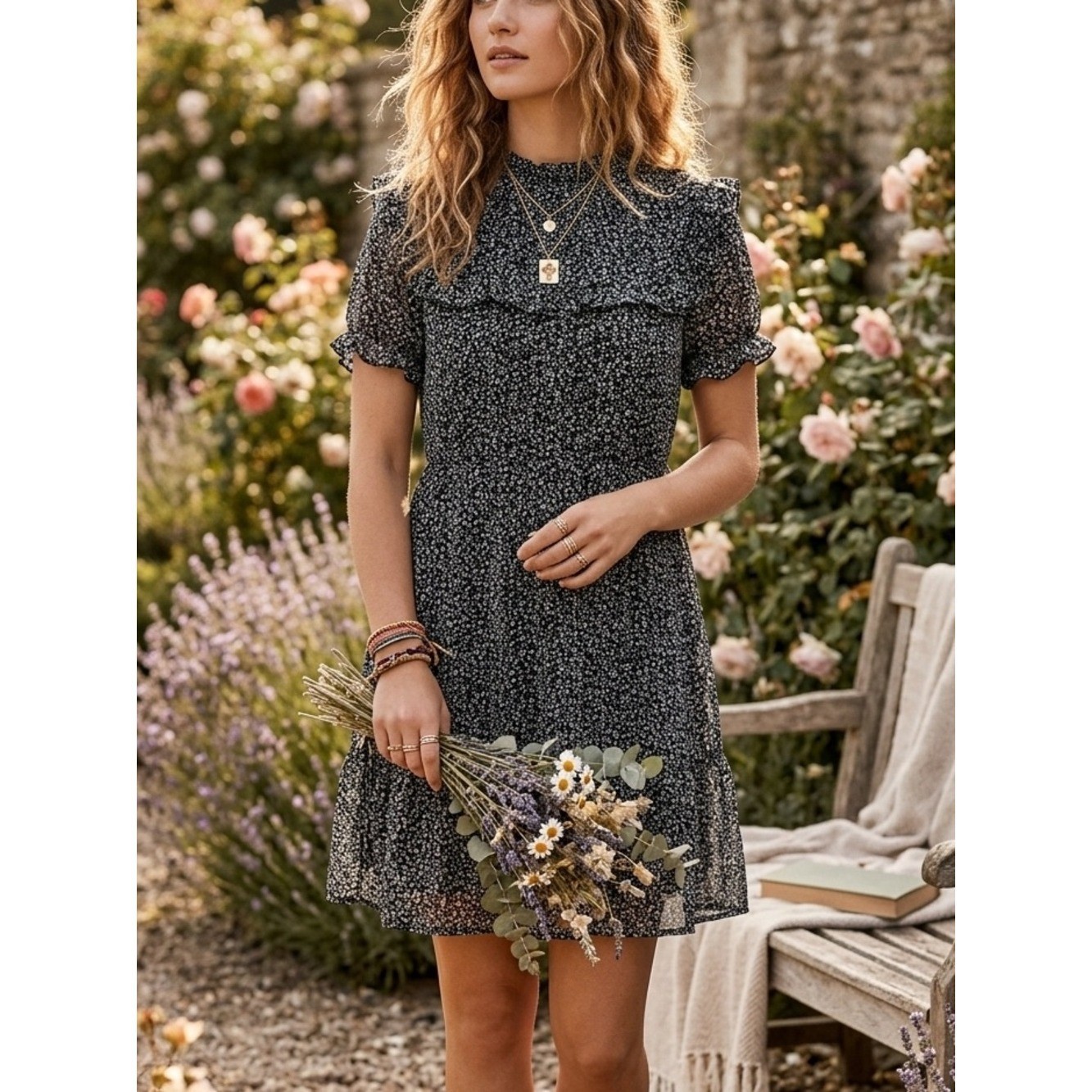 Trixxi Black Micro-Print Ruffle Midi Dress