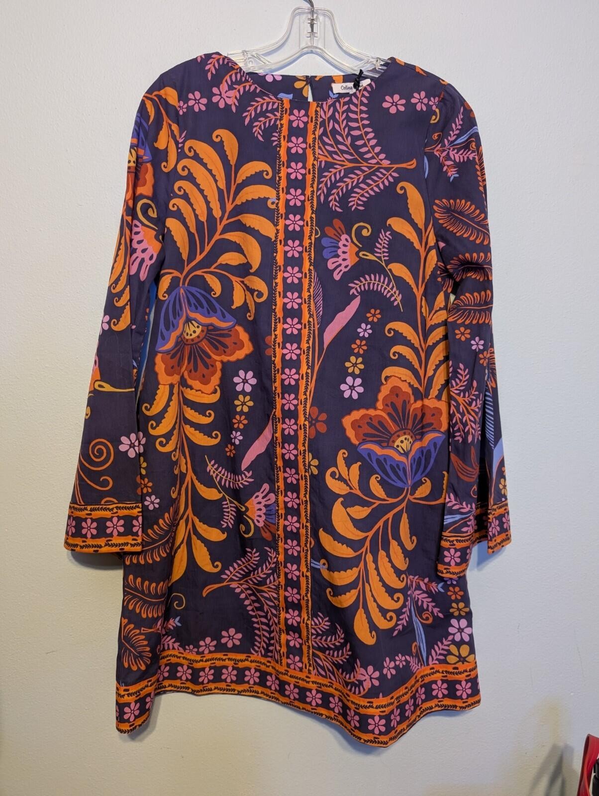 Celina Moon Boho Floral Tunic Dress NWT Womens Medium Retro 70s Purple Orange