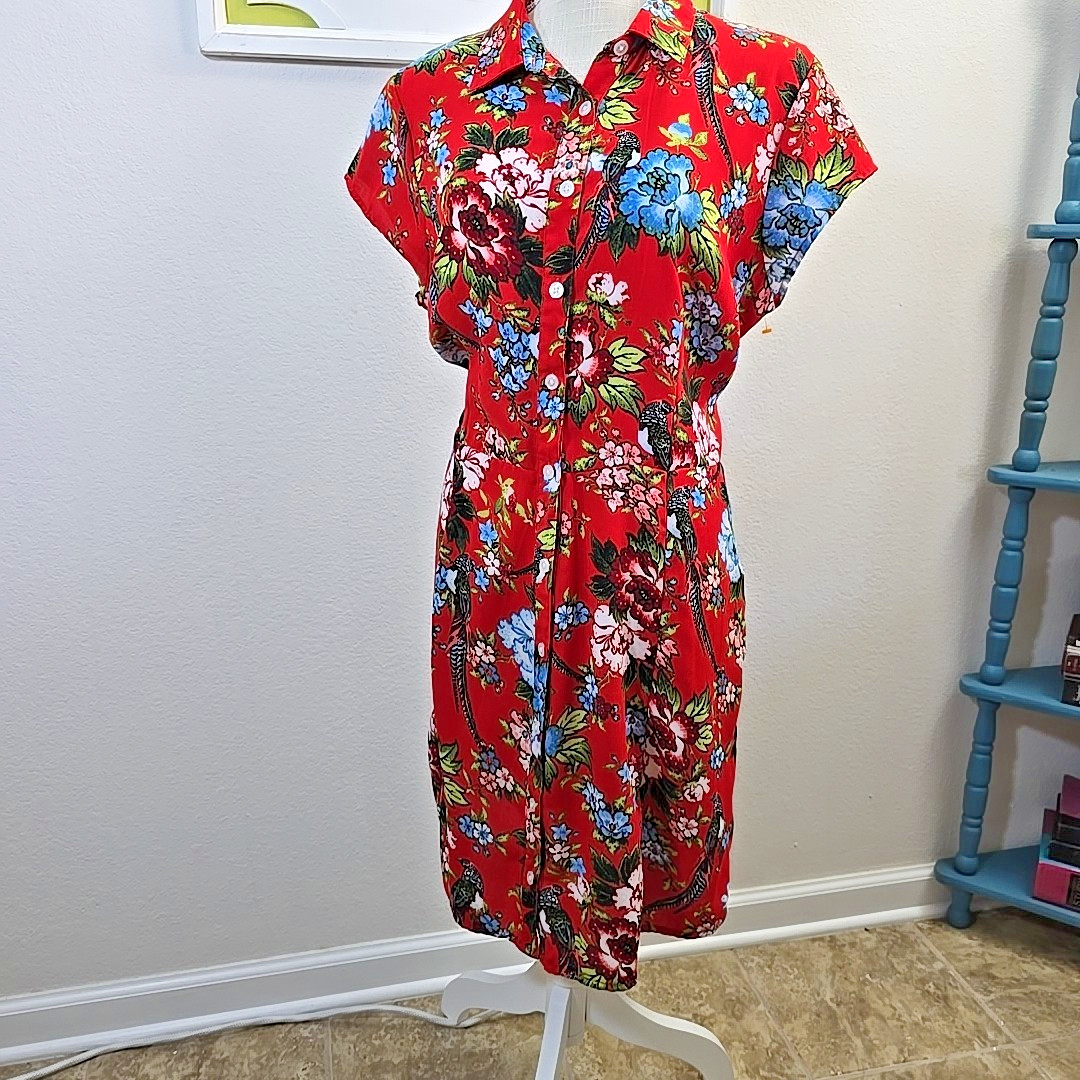 City Streets Tropical Button Front Dress Bright Red Birds and Flowers Size XL