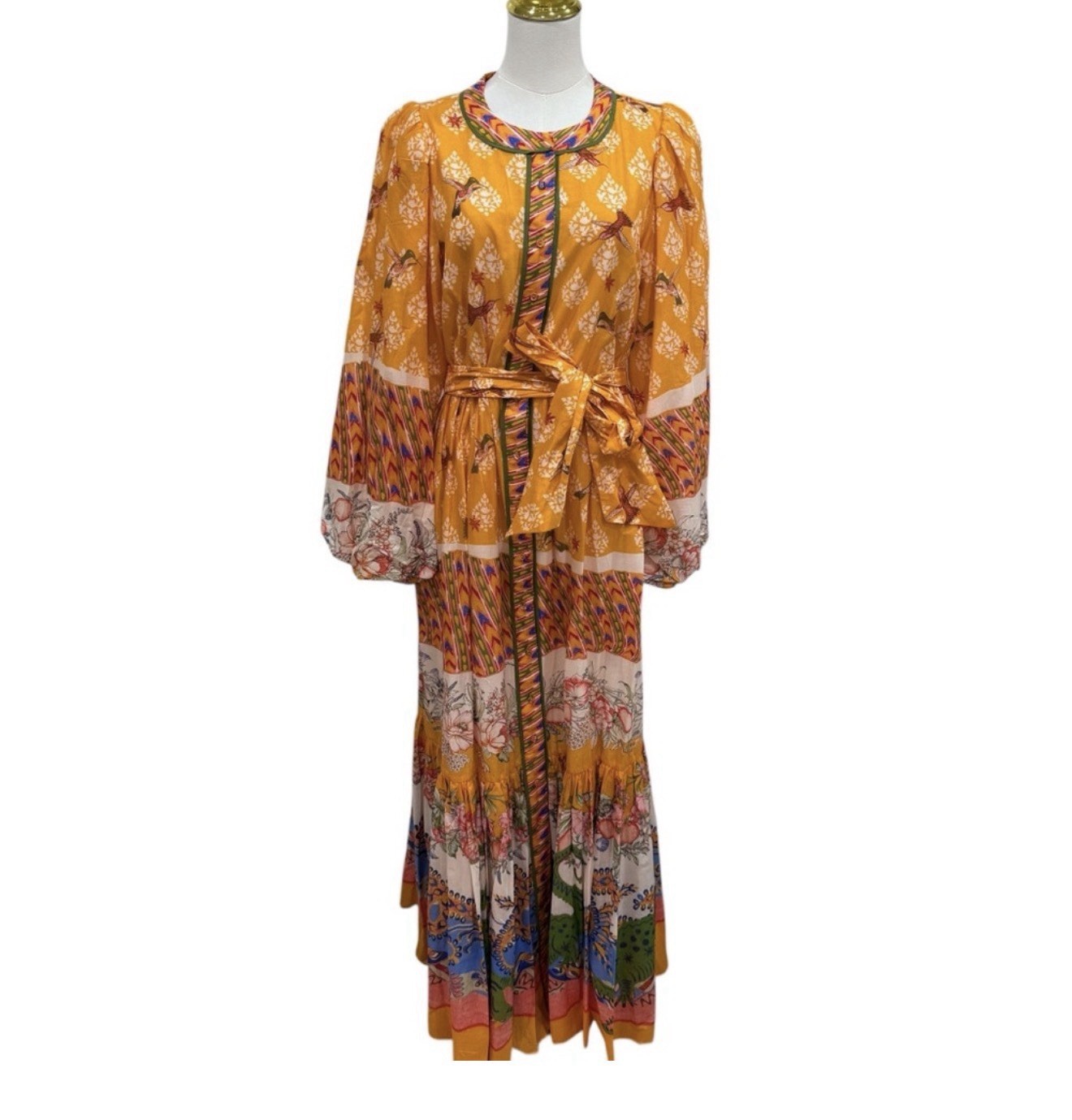 A Loves A Small Border Print Mandarin Collar Long Sleeve Button Down Maxi Dress