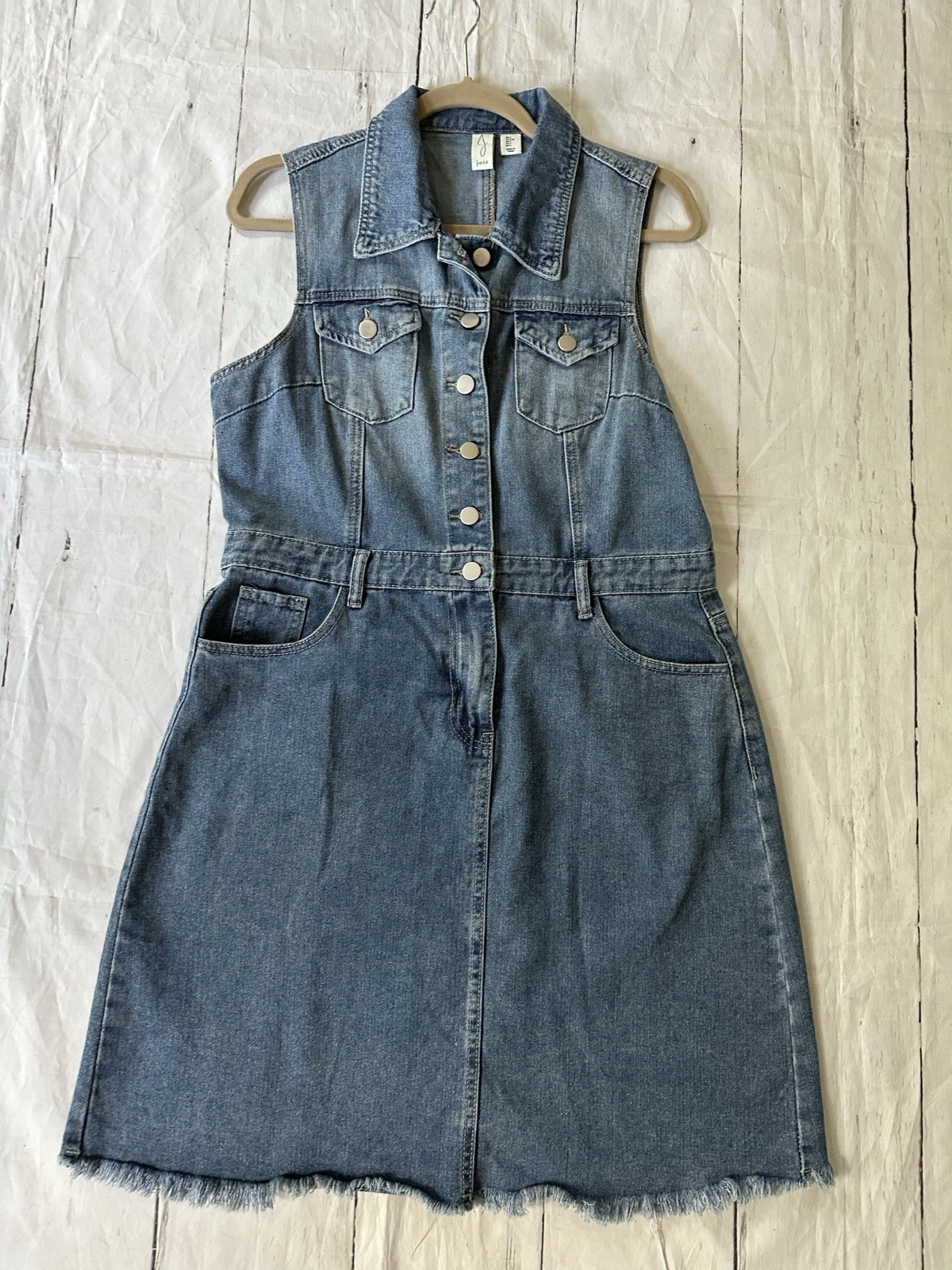 Joie Dress Womens Large Blue Denim Sleeveless Snap Button Pockets Frayed Hem
