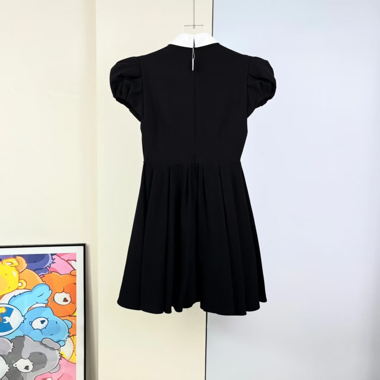 Christian Dior Black Contrast‑Collar Puff‑Sleeve Fit‑and‑Flare Mini Dress