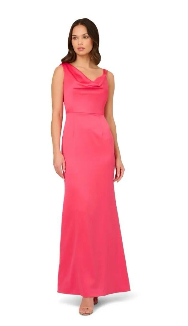 Adrianna Papell Pink Asymmetric Satin Crepe Maxi Dress Wedding Guest Prom UK 8