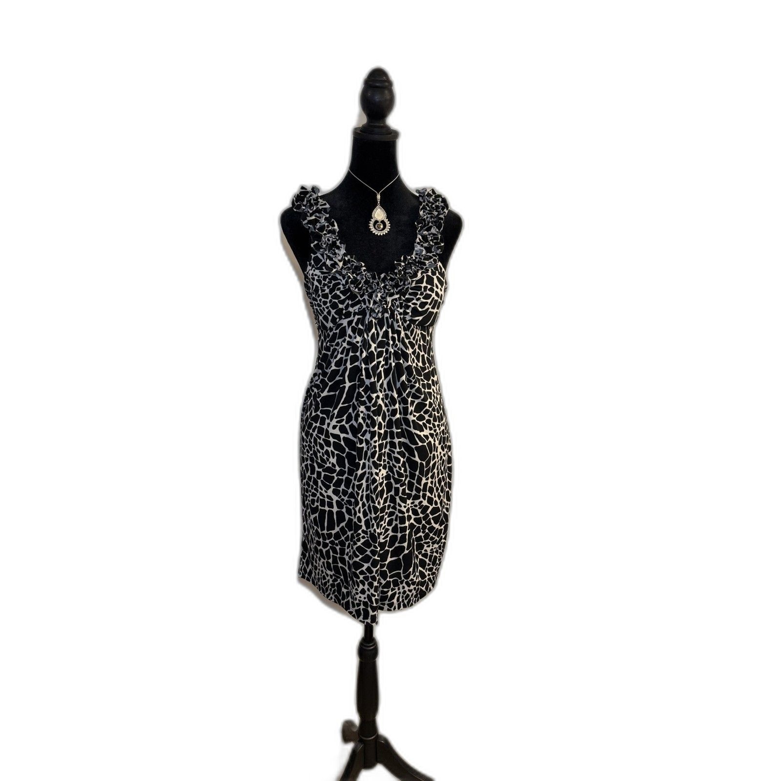 En Focus Studio Black White Animal Print Sheath Dress — Ruffle Neckline