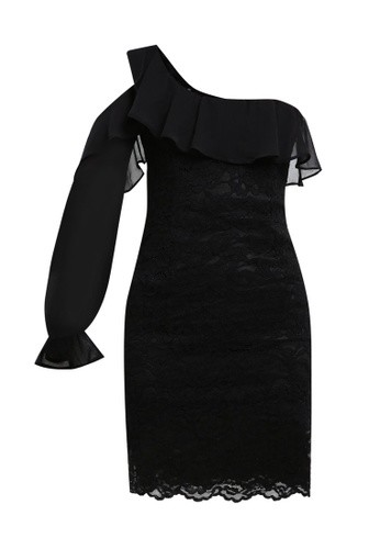 BARDOT Black Fiorella One Cold Shoulder Sleeve Lace Ruffle Cocktail Dress 8 = M