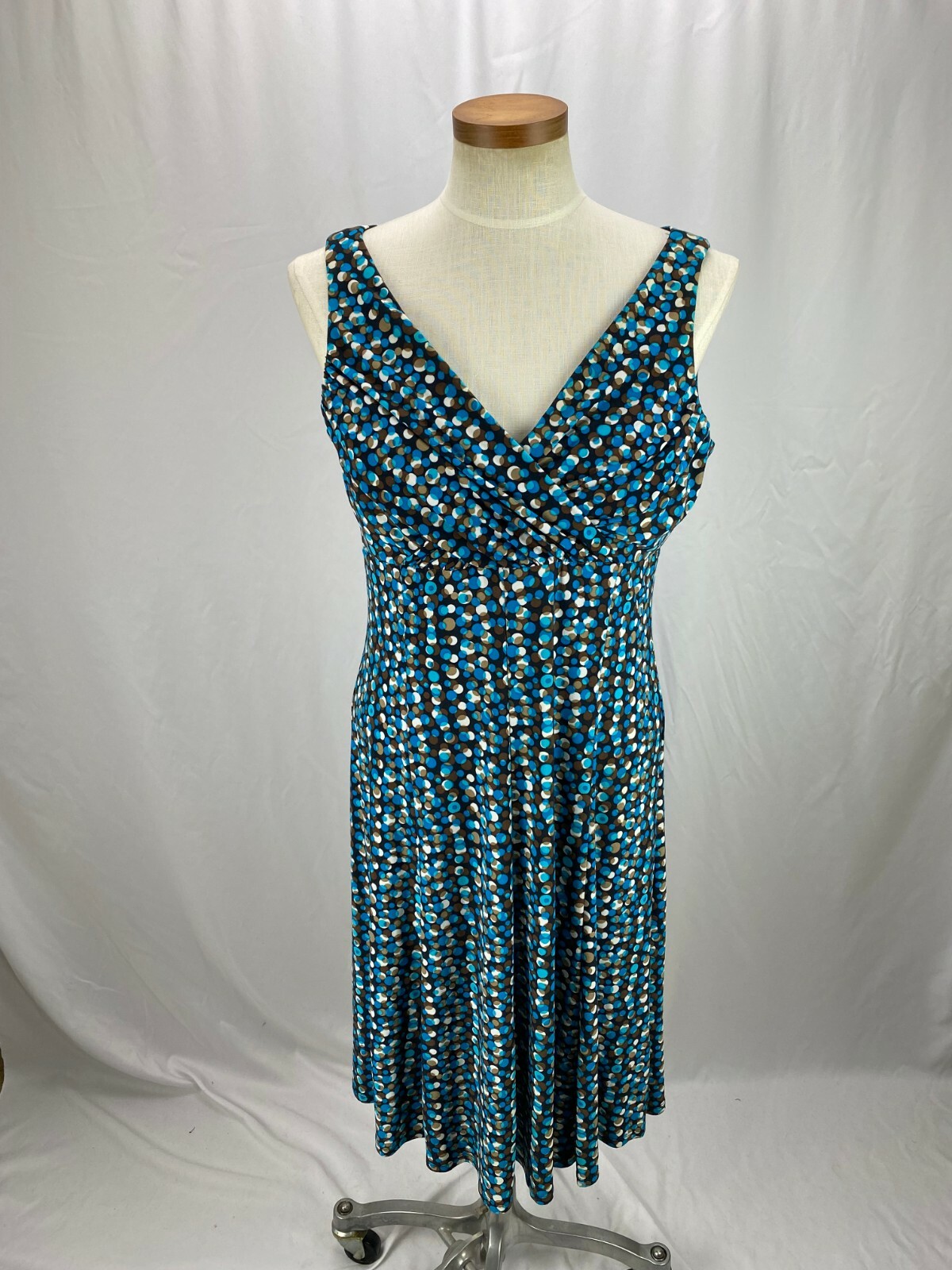 Jones Studio Women’s Polka Dot Blue Brown White Sleeveless Dress 10