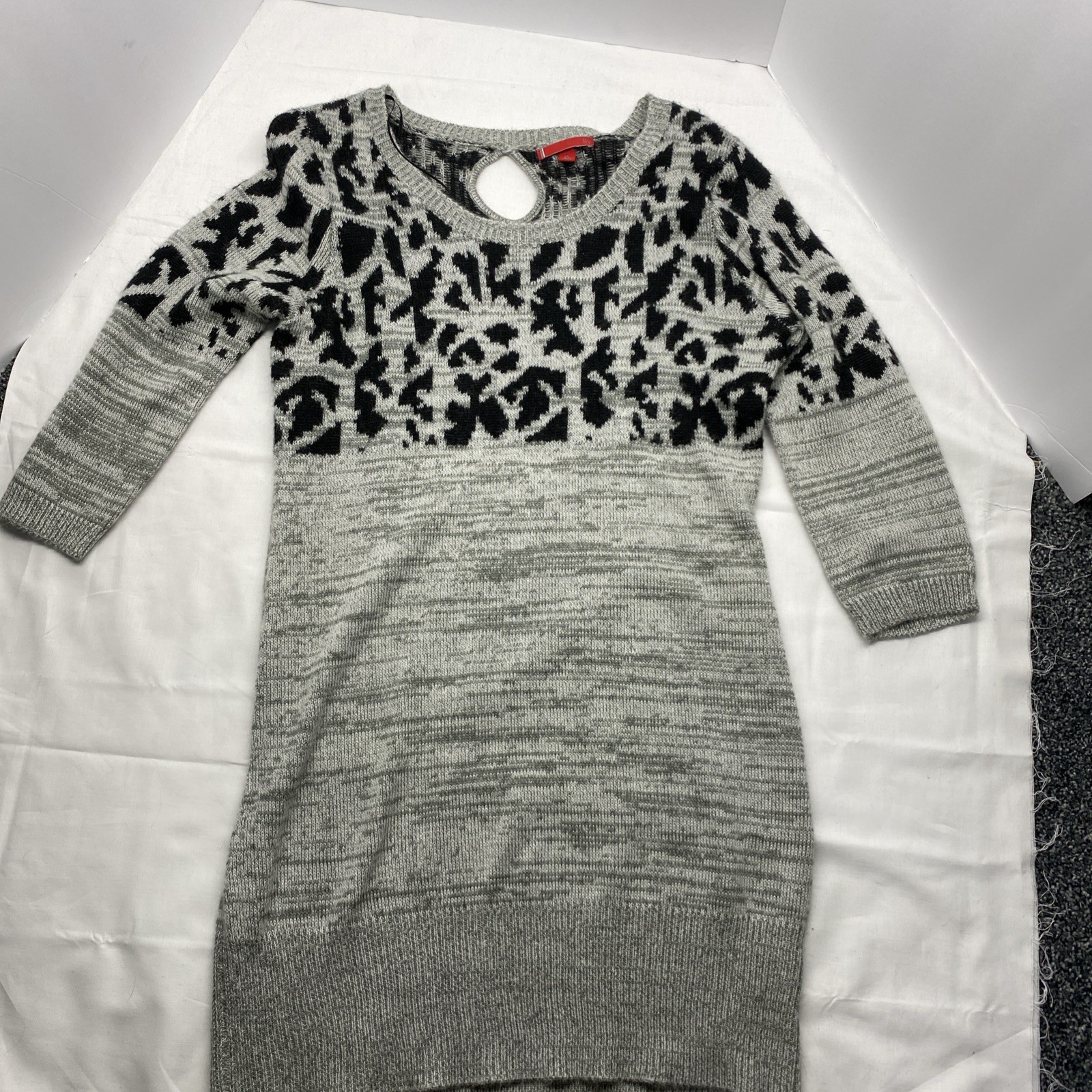 LIV Grey Abstract Leopard Print Knit Tunic Dress XL Boho Keyhole Back Cozy Soft