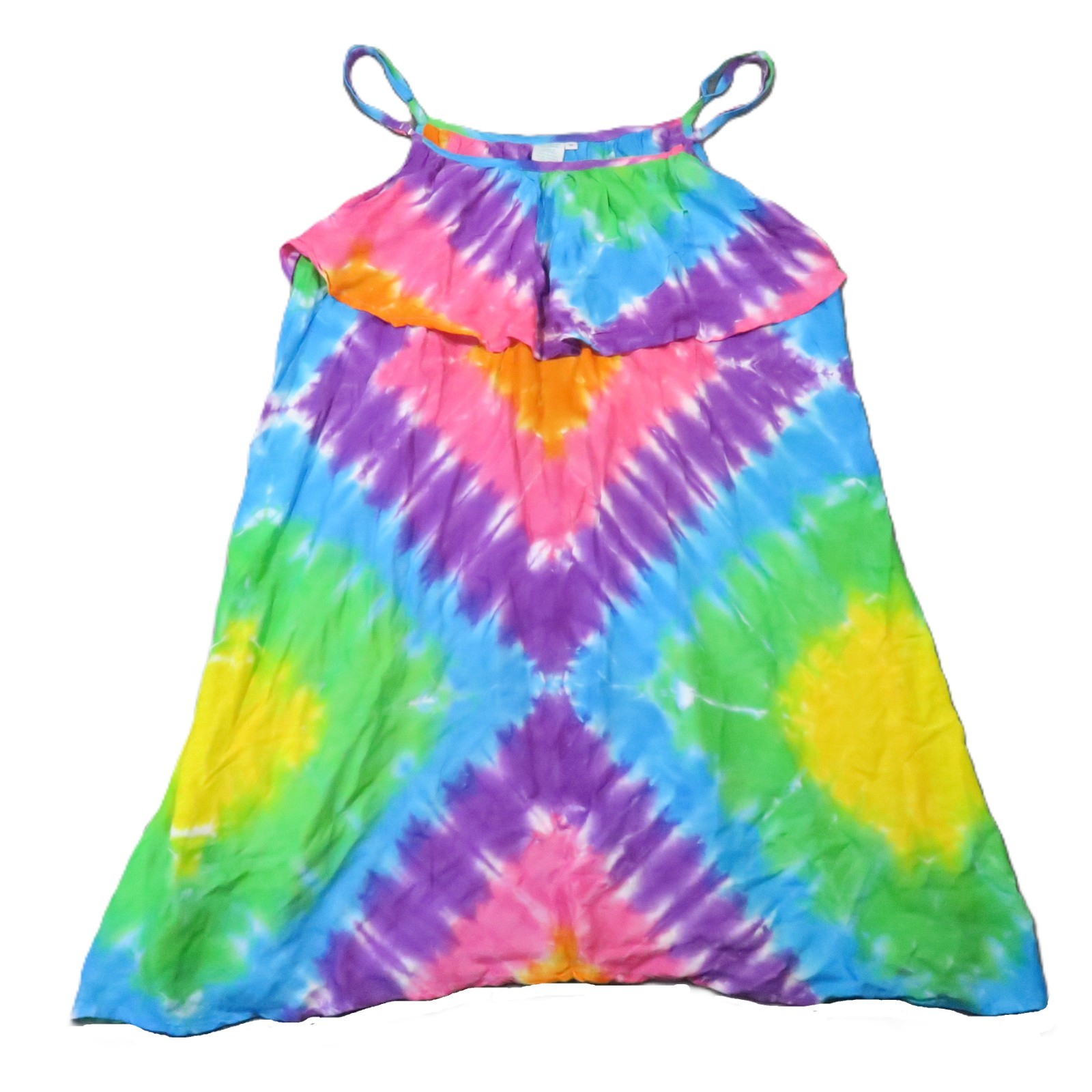 Peaceful People Tie Dye Dress M Rainbow Ruffle Strappy Y2k Hippie Festival Pride