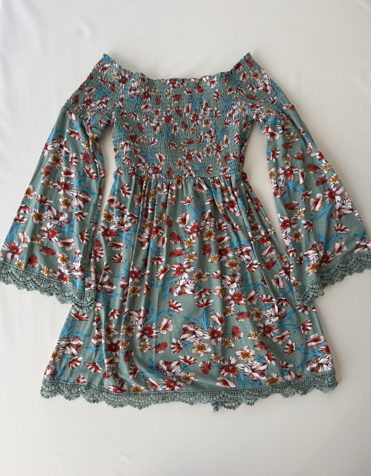 Xhilaration Floral Off Shoulder Bell Sleeve Mini Dress Boho Lace Trim Medium