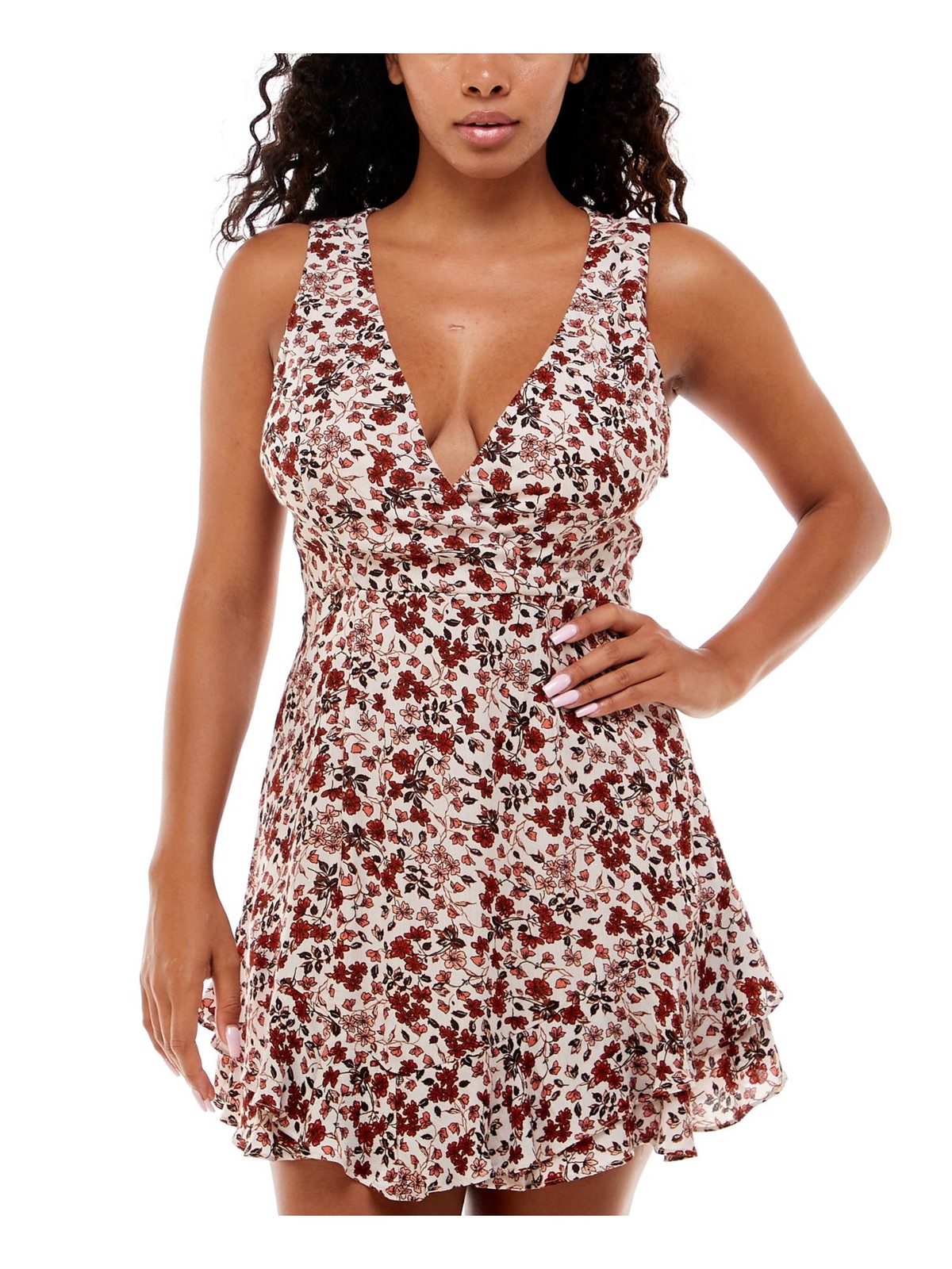 B DARLIN Womens Sleeveless Surplice Neckline Mini Fit + Flare Dress