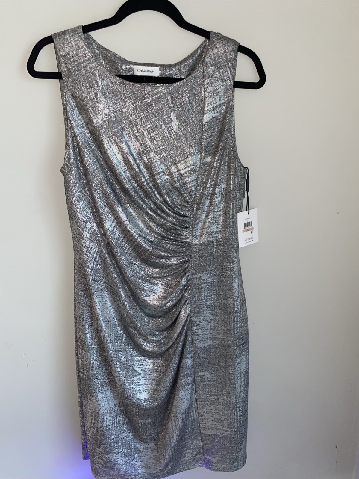 NWT Calvin Klein Silver Metallic Cocktail Dress Sheath Ruched Size 12 MSRP $129