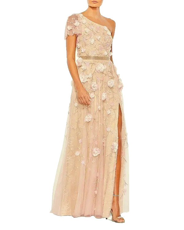 Mac Duggal Blush Gold One-Shoulder Gown with 3d Floral Appliques Size 16 $998